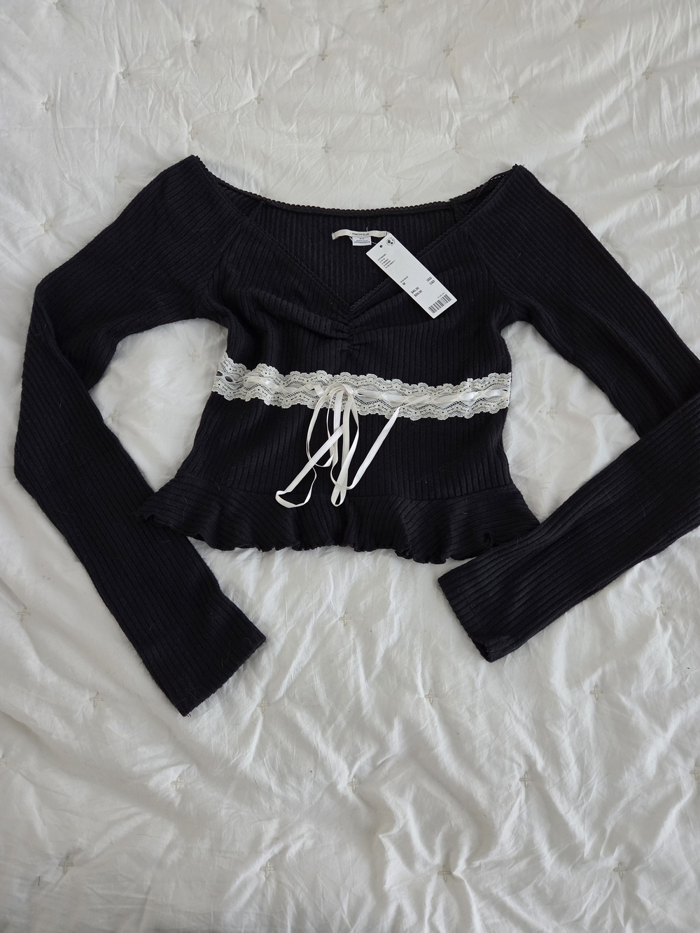 Kimchi Blue Black Off-Shoulder Ribbed Top with Cream Lace Waist